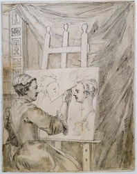 Lady Burlington przy sztalugach w swoim pokoju w ogrodzie (pióro, atrament i ołówek na papierze)