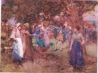 Tańcząca para, która po prostu szukała rozgłosu, trzymając się nawzajem, by się zmęczyć (litografia kolorowa)