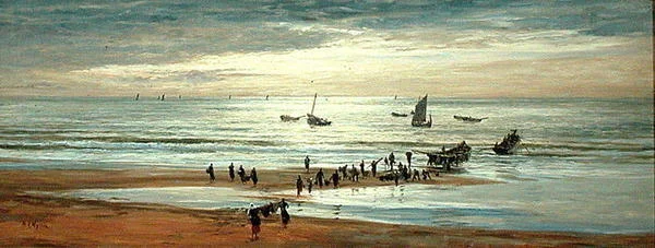 Scena na plaży na północnym wybrzeżu Francji (olej na płótnie)