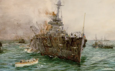HMS "Audacious" tonący u wybrzeży Loch Swilly po uderzeniu w minę, 27 października 1914, początek XX wieku (akwarela)