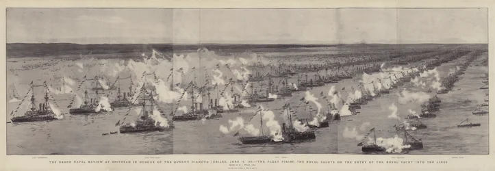 Wielki Przegląd Marynarki Wojennej w Spithead na cześć Diamentowego Jubileuszu Królowej, 26 czerwca 1897 r., Flota wystrzeliła Royal Salute na wejściu Królewskiego Jachtu na Linie