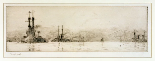 Amerykańskie pancerniki "New York" i "Texas" u wybrzeży Rosyth, ok. 1918 r. (akwaforta, pokryta grafitem)