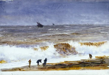Plaża w Berck sur mer (Berck-sur-Mer) (Francja) z burzliwym morzem i postaciami na plaży. Akwarela, po 1890 roku, autorstwa Williama Lionela Wyllie (1851-1931).
