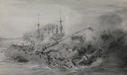 Ostatni z okrętów "Scharnhorst" i "Gneisenau"; bitwa o Falklandy, 8 grudnia 1914 r., ok. 16.15, ok. 1915-18 r. (pranie, kolor szary, wzmocniony białym)