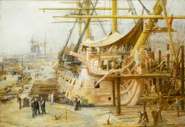 Odrestaurowanie HMS "Victory" w dokach Portsmouth (Anglia), po rozpoczęciu wielkiej ogólnokrajowej operacji finansowej mającej na celu uratowanie statku przed zwycięstwem pod Trafalgarem (1805 r.), statek został przywrócony do wody w kwietniu 1925 r.