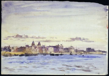 Widok na Royal Naval College w Greenwich (Anglia), na Tamizie, o zachodzie słońca, z Blackwall (przeciwległy brzeg). Akwarela, początek XX wieku, autor: William Lionel Wyllie (1851-1931).