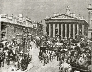Bank of England i Royal Exchange w XIX wieku, z „London Pictures: Drawn with Pen and Pencil”, autorstwa ks. Richarda Lovetta, opublikowanej w 1890 r.