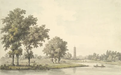 Widok na jezioro i wyspę z trawnika w Kew, 1763.