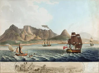 Widok na Przylądek Dobrej Nadziei... Bitwa poprzedzająca kapitulację... 8 stycznia 1806 (akwatinta barwna)