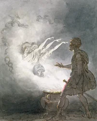 Makbet i objawienie się uzbrojonej głowy, akt IV, scena I, z "Makbeta" Williama Shakespeare