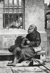 Panna Wardour i żebrak Edie Ochiltree, ilustracja do Antiquary, powieści historycznej Waltera Scotta (1771-1832), rycina według rysunku Williama McTaggarta (1835-1910)