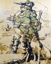 Baron Munchausen, ilustracja z „Characters of Romance”, po raz pierwszy opublikowana w 1900 r. (litografia kolorowa)