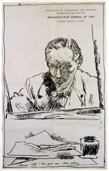 Autoportret Patrząc w lustro (pióro i atrament na papierze)