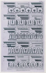 Projekty gzymsów, opublikowane w 1788 przez Williama Paina (ok. 1730-ok. 1790). Czarno-biały sztych z 1783 roku