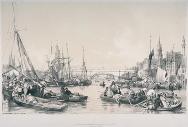Widok na nowy most londyński z basenu Tamizy, 1841