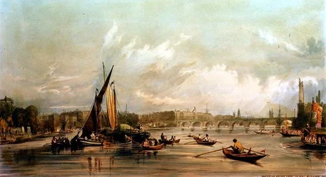 Most Waterloo z Zachodu z wyścigiem łodzi (lito)
