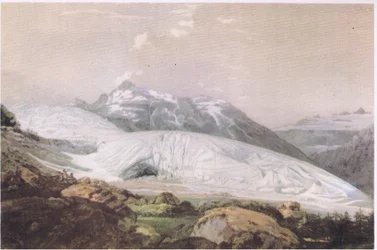 Widok góry Furka z lodowcem Rodanu, z książki British Adventure wydanej przez Collins, 1947