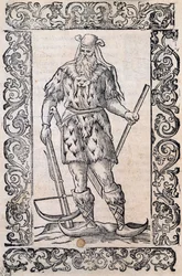 Mężczyzna w futrzanej sukience, kuszy i butach ze skręconym czubkiem (przykład szczątkowych nart), ilustracja przypisywana Cesare Vecellio (1521-1601), wydana we Włoszech w XVI wieku