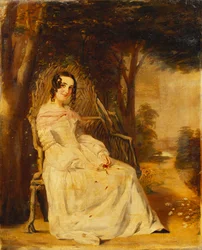 Portret Mary Freer siedzącej w małej pełnej długości na siedzeniu ogrodowym,