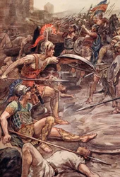Epaminondas broniący Pelopidasa, ilustracja z „Życia Plutarcha dla chłopców i dziewcząt”, opowiedziana przez W.H. Weston, Londyn ok. 1910