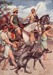 Pelopidas wyruszający do Teb, ilustracja z "Żywotów Plutarcha dla chłopców i dziewcząt", opowiedzianych przez W.H. Westona, Londyn ok. 1910 r. (kolorowa litografia)