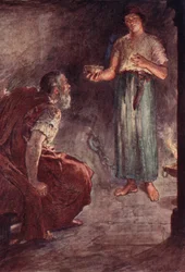 Filopoemen w więzieniu, ilustracja z "Żywotów Plutarcha dla chłopców i dziewcząt", powtórzona przez W.H. Westona, Londyn ok. 1910 r. (litografia kolorowa)