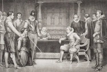 Guy Fawkes (1570-1606) przesłuchiwany przez Jakuba I (1566-1625) i jego radę w sypialni króla, z „Illustrations of English and Scottish History” tom I
