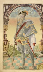 Alphonso XI, król Kastylii i Leon, z Honor Military and Civil, William Segar, wyd. Robert Barker, Londyn, 1602 (ręcznie barwiony grawerunek)