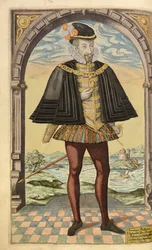 Emmanuel Philibert, książę Sabaudii, z Honor Military and Civil, William Segar, wyd. Robert Barker, Londyn, 1602 (ręcznie barwiony grawerunek)