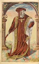 Cesarz Maksymilian I, Honorowy Wojskowy i Cywilny, William Segar, wyd. Robert Barker, Londyn, 1602 (ręcznie barwiony grawerunek)