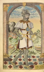 Godfrey Adelmar z nHonor Military i Civill, William Segar, wyd. Robert Barker, Londyn, 1602 (ręcznie barwiony grawerunek)