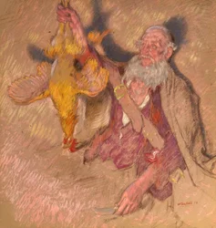 Studium mężczyzny trzymającego koguta dla Highland Raiders, 1918 (olej na papierze)