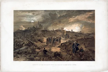 Wojna krymska (1853-1856): epizod oblężenia Sewastopola (Ukraina), wojska francuskie wśród ruin po zdobyciu wieży Malakoff, 8 września 1855 (po zdobyciu Malakoff 8 września 1855) – Litografia Williama Simpsona (18