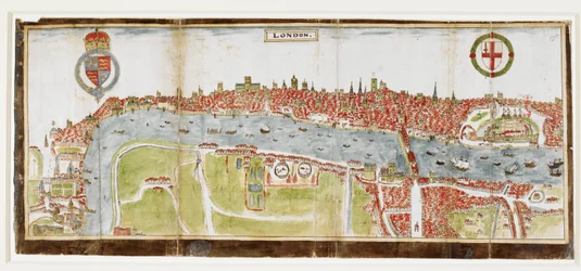 Sloane 2596, f.52 Widok Londynu od południa, ukazujący Tamizę, London Bridge i Wieżę