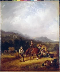 Zbiór pszenicy. Praca Williama I Shayera (1788-1879), olej na tekturze. XIX-wieczna sztuka angielska, pejzaż, scena rodzajowa. Państwowej Ermitażu w Sankt Petersburgu.