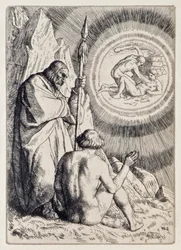 Michael stawia przed Adamem wizję z raju utraconego Johna Miltona (1608-1674) seria 12 ilustracji wyrytych przez Williama Stranga (1859-1921)