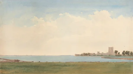 Zamek Portchester: widok z wioski Portchester, patrząc przez wodę do Portsmouth