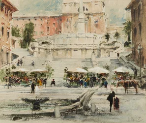 Rzym: Piazza di Spagna, 1909 (ołówek, pędzel, atrament, toaleta i gwasz na papierze)