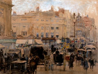 Godziny szczytu, Oxford Circus (akwarela z lakierem i akwarelą na barwionym papierze)