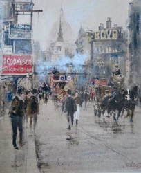 Fleet Street i wiadukt Ludgate Hill z dymem z przejeżdżającego pociągu, ok. 1910 r. (akwarela)
