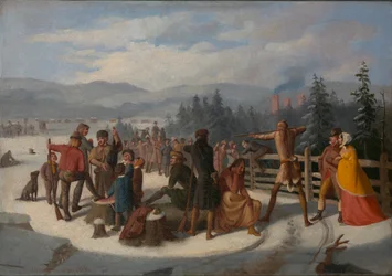 Sceny z Pionierów Coopera, Deerslayer na meczu strzeleckim, ca. 1850.