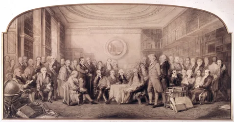 Wybitni ludzie nauki w latach 1807-1808. Spotkanie w bibliotece Królewskiego Instytutu Nauk w Anglii. Grawerowanie autorstwa Williama Walkera i Sir Johna Gilberta (1817 - 1897) - Wybitni ludzie nauki żyjący w 1807 r. - Wybitni ludzie nauki