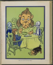 "Lew zjadł trochę owsianki", ilustracja z książki "Czarnoksiężnik z krainy Oz" autorstwa Lymana Franka Bauma.