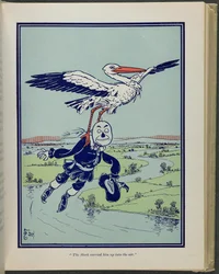 "Bocian wyniósł go w powietrze", ilustracja z książki "Czarnoksiężnik z krainy Oz" autorstwa Lymana Franka Bauma.