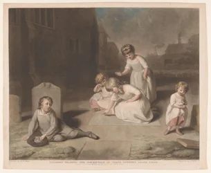 Dzieci czytają napis na nagrobku matki Dzieci czytające napis na nagrobku swojej matki (tytuł na obiekcie) Grupy Dzieci