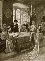 Powrót flagi rzemieślniczej do Edynburga po Flodden, ilustracja z "Hutchinson