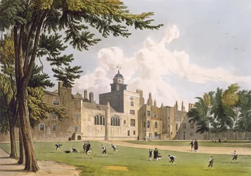Charter House from the Playground, z „History of Charter House”, część „Historii kolegiów” Ackermanna, rytowana przez W. Bennetta, opublikowana w 1816 r. (akwatinta)