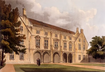 Na zewnątrz Biblioteki Magdalene College, Cambridge, z „Historii Cambridge”, ryty: Joseph Constantine Stadler (fl.1780-1812), wyd. R. Ackermann, 1815 (akwatinta kolorowa)
