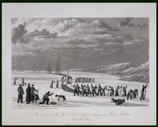 Załogi H.M.S. Hecla und Griper wbijają się do Portu Zimowego, 26 września 1819 r., z „Journal of a Voyage for the Discovery of North West Passage z Atlantyku na Pacyfik, wykonanej w t