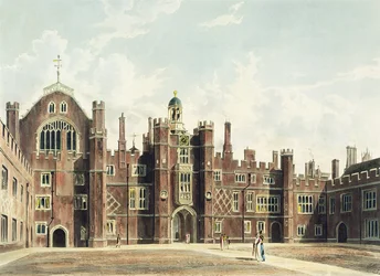 Widok na czworokąt w pałacu Hampton Court z „Rezydencji królewskich” Pyne rytowanych przez Thomasa Sutherlanda (b.c.1785), opublikowany w 1819 r.